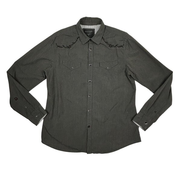 Guess Shirt Mens L Pearl Snaps Embroidered Grey Contrast Trim Western Cowboy - Picture 2 of 15